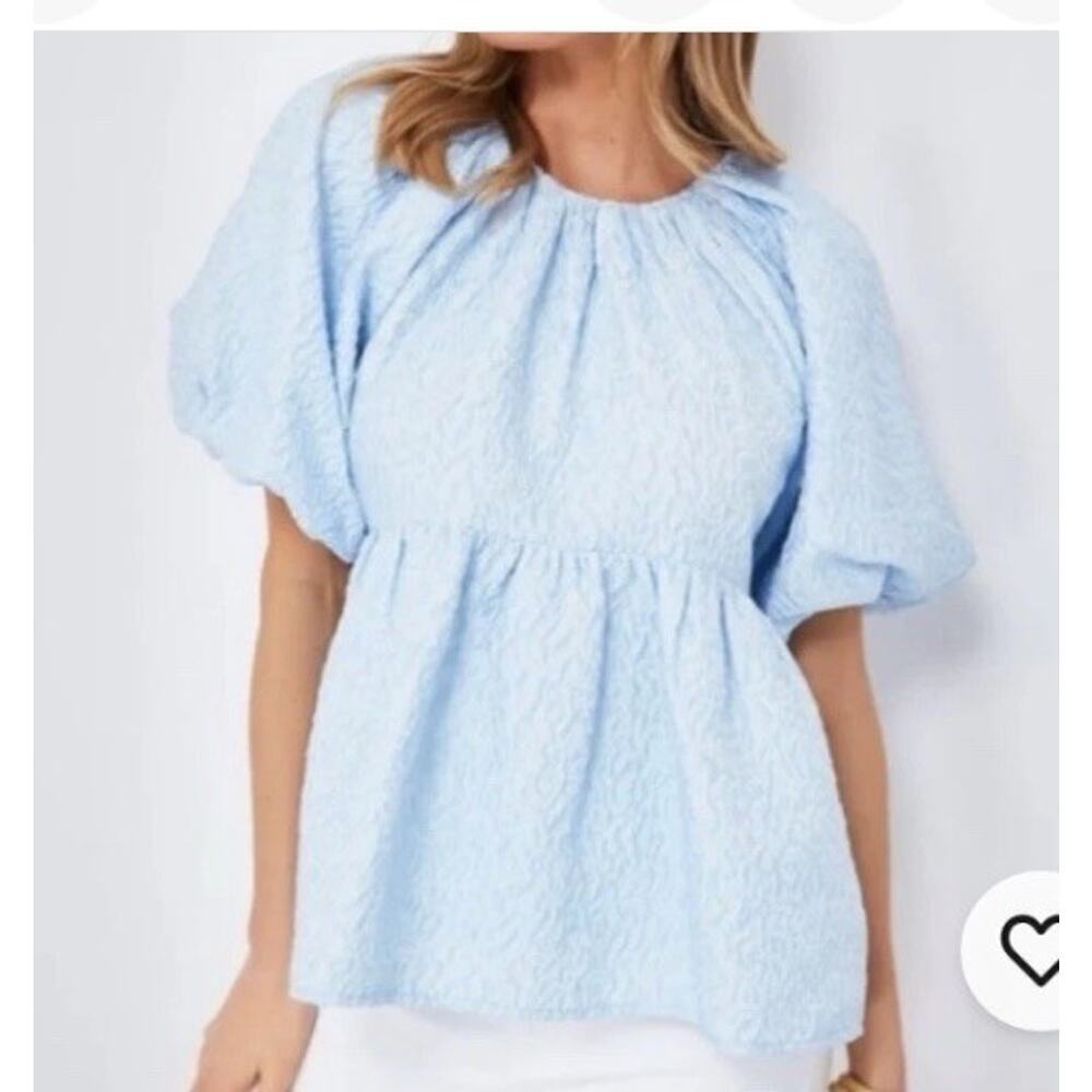 Tuckernuck Hyacinth House Julia Top Sz S Blue Puff Sleeve Jacquard Blouse Preppy